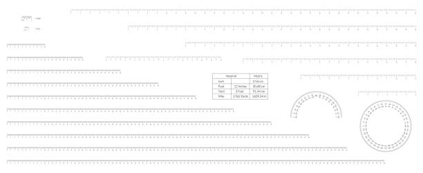 ilustrações de stock, clip art, desenhos animados e ícones de set of imperial and metric units measuring scale bars for ruler and protractor - tape measure measuring length vector
