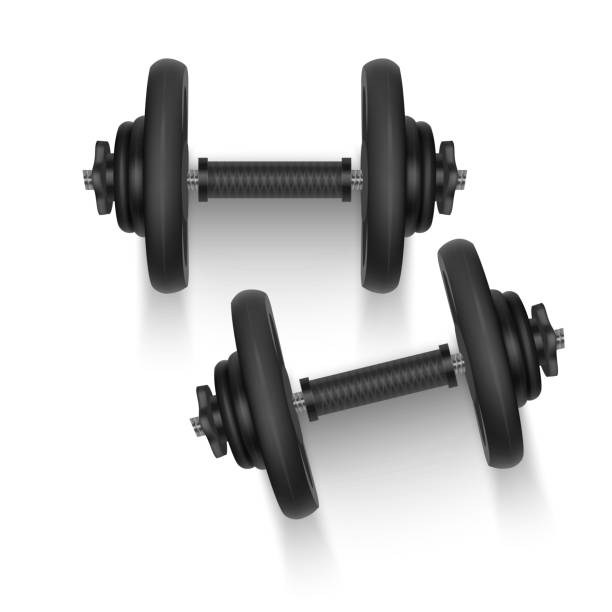 istock Set of 3d Dumbbells, Realistic Detailed Close Up View Isolated on White Background. Sport Element of Fitness Dumbbell 1168448535