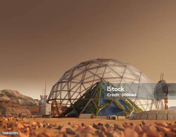 Terraforming Mars With An Outpost Colony Stock Photo - Download Image Now - Mars - Planet, Human Settlement, Colony - Territory