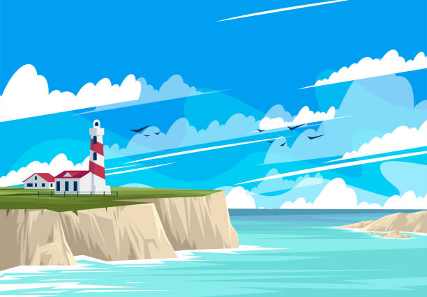 ilustraciones, imágenes clip art, dibujos animados e iconos de stock de ilustración vectorial del paisaje del faro con edificios en la orilla rocosa, la orilla del mar con rocas, panorama del horizonte marino - cliff