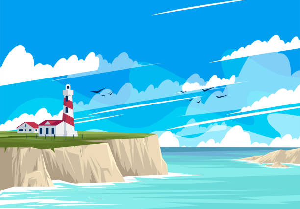 illustrations, cliparts, dessins animés et icônes de illustration de vecteur du paysage de phare avec des bâtiments sur la rive rocheuse, le rivage de mer avec des roches, le panorama de l'horizon de mer - cliff