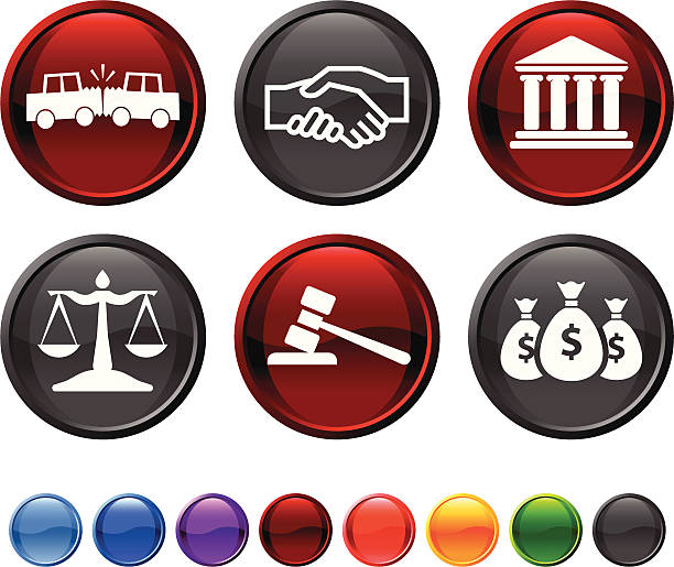 wypadek samochodowy prawnych wektor zestaw ikon royalty-free - currency legal system human settlement gavel stock illustrations