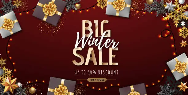 Vector illustration of Christmas poster with golden Christmas snowflakes and presents. Winter big sale poster