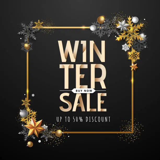 Vector illustration of Christmas poster with golden snowflakes. Winter big sale poster.Christmas background