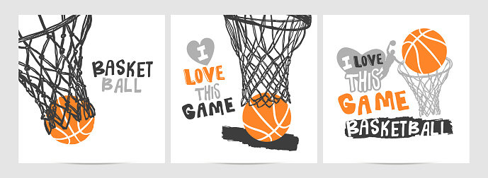 Collection of hand-drawing basketball designs on a white background, grunge style, sketch, lettering, hoop. Sports print, slogan.
