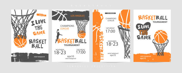 ilustrações de stock, clip art, desenhos animados e ícones de collection of basketball designs on a white background, grunge style, sketch, lettering. hand drawing. sports print, cover, slogan, template, sports covers, basketball hoop. eps file is layered. - basketball