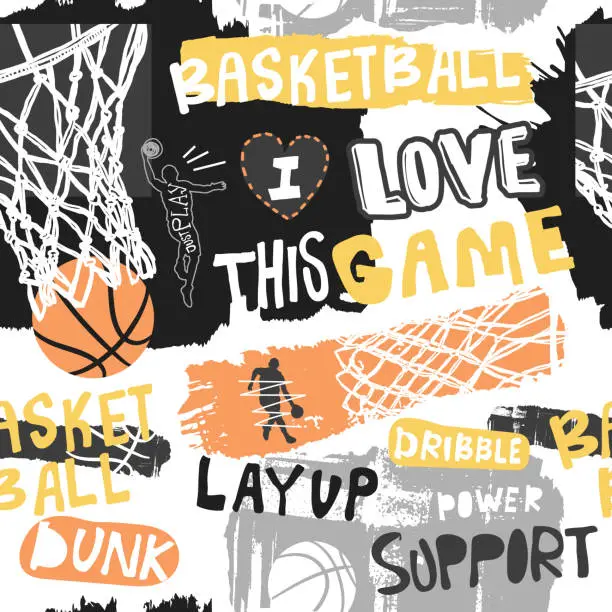 Vector illustration of Bright seamless pattern for basketball. Hand drawing sport print, background, typography slogan. Print design for T-shirts, clothes, banners, flyers. Sketch, grunge style.