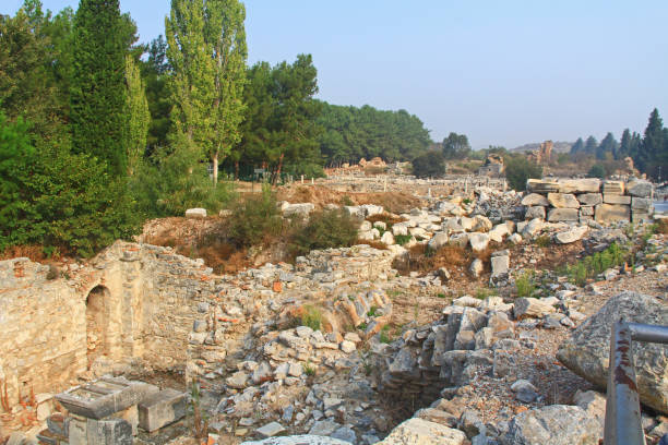 Archaeological Ruins in Ephesus Turkey Ancient city ruins of Ephesus, Turkey near Selcuk with blue sky copy space. Izmir stock pictures, royalty-free photos & images