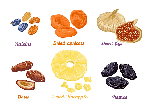 Set of sweet dry fruit snacks. Vector illustration in flat style. Icons collection isolated on white. Dried figs, apricots, pineapples, raisins, dates and prunes.