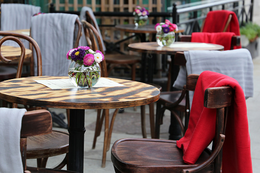 Vase of flowers on a table and vintage wooden chairs with warm blankets