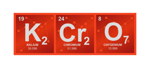 Vector symbol of K2Cr2O7 Potassium dichromate. Orange molecule – oxidizing agent on the background from connected molecules. Chemical vector orange illustration of potassium dichromate is isolated on a white background. chromium element periodic table stock illustrations