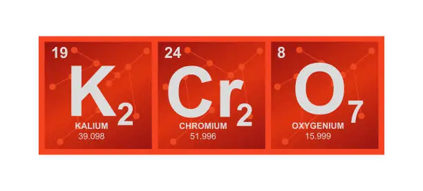 Vector illustration of Vector symbol of K2Cr2O7 Potassium dichromate. Orange molecule – oxidizing agent on the background from connected molecules.