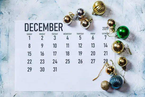 December 2019 monthly Calendar with Christmas decoration. Festive decor elements