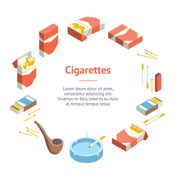 illustrations, cliparts, dessins animés et icônes de cigarettes accessoires fumeurs signe 3d banner card circle isometric view. vecteur - cigarette tobacco symbol three dimensional shape