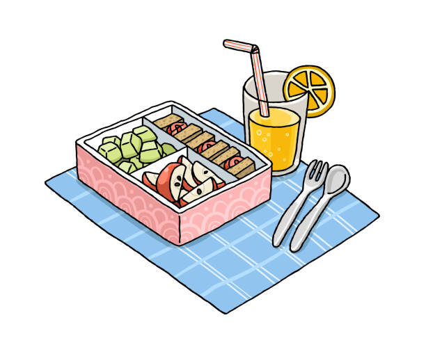 illustrations, cliparts, dessins animés et icônes de coffret de déjeuner sain avec le jus d'orange - lunch packed lunch lunch box apple