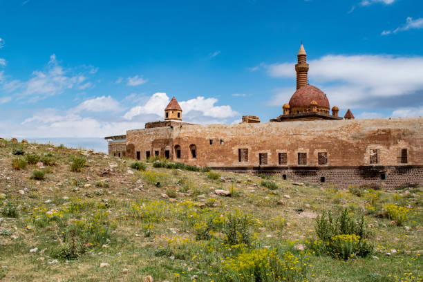 Dogubayazıt, Turkey, Middle East - 06/30/2019: aerial view of the Ishak Pasha Palace, a semi-ruined palace and administrative complex of Ottoman period built from 1685 to 1784, one of the few examples of surviving historical Turkish palaces dogubayazát, turquía, oriente medio: vista aérea del palacio ishak pasha, un palacio semi-ruinado y complejo administrativo del período otomano construido entre 1685 y 1784, uno de los pocos ejemplos de palacios históricos turcos supervivientes