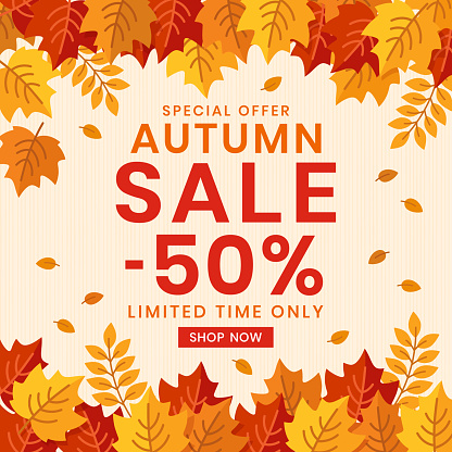 Autumn background and text Autumn Sale. Poster, card, flyer, label, banner design.