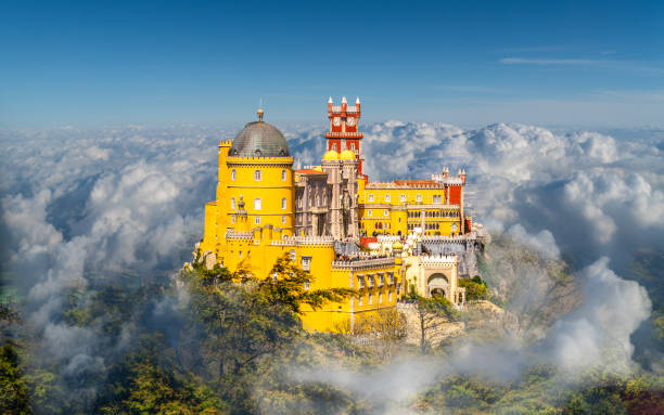 Landscape with National Palace of Pena Sintra, Lisbon, Portugal - March 16, 2018: National Palace of  Pena, Sintra region, Lisbon, Portugal portugal stock pictures, royalty-free photos & images