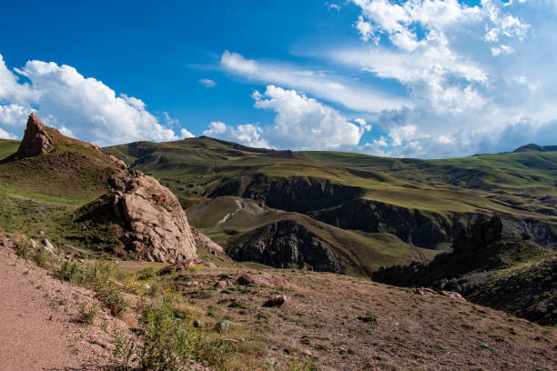 Dogubayazıt, Turkey, Middle East: aerial view of the breathtaking landscape on the dirt and winding road on the plateau around Mount Ararat, Agri Dagi, with rocky peaks, hills, grassland and flowers near the Ishak Pasha Palace Dogubayazıt, Turkey, Middle East - 06/30/2019: aerial view of the breathtaking landscape on the dirt and winding road on the plateau around Mount Ararat, Agri Dagi, with rocky peaks, hills, grassland and flowers near the Ishak Pasha Palace armenia country stock pictures, royalty-free photos & images