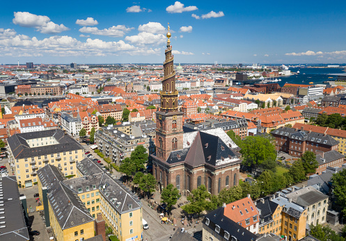 Aerial of the famous Church of Our Saviour, a baroque church in Copenhagen, Denmark, most famous for its helix spire with an external winding staircase that can be climbed to the top. Converted from RAW.