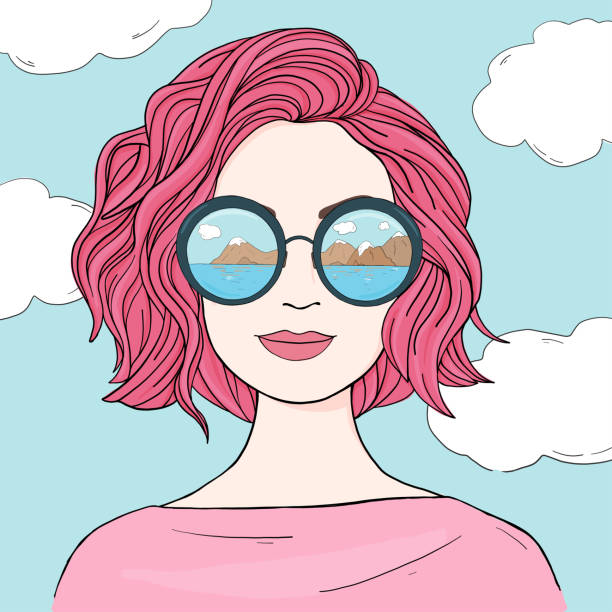Fashionable woman with pink hair in mirrored sunglasses. Hand-drawn. Fashionable woman with pink hair in mirrored sunglasses. Colorful vector illustration in sketch style. Hand-drawn. girls with sunglasses drawing stock illustrations