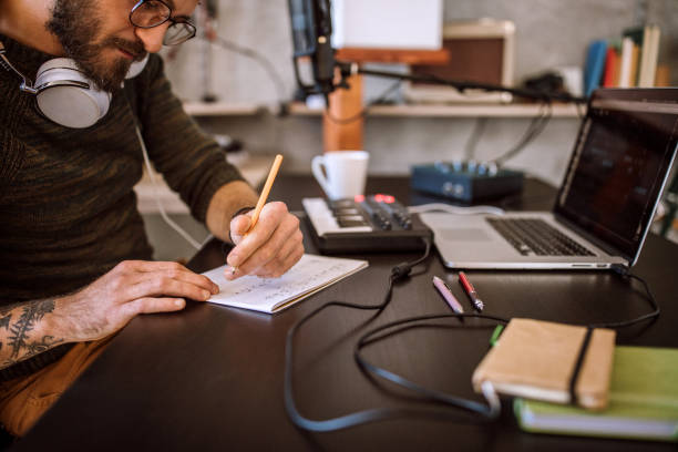 istock Hipster man writing songs in studio 1168477452