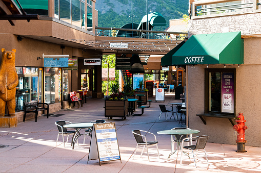 Aspen, USA - June 24, 2019: Snowmass village town in Colorado downtown with coffee cafe shop restaurants