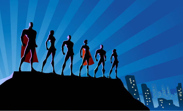 Vector Superhero Team Silhouette in The City Stock Illustration A silhouette style vector stock illustration of a team of superheroes standing on top of a rock with city skyline and light bursts in the background muscular build illustrations stock illustrations