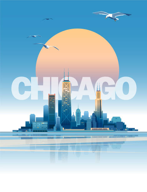 Chicago skyline Skyline of Chicago at sunset time. Main parts are on the separate layers chicago stock illustrations