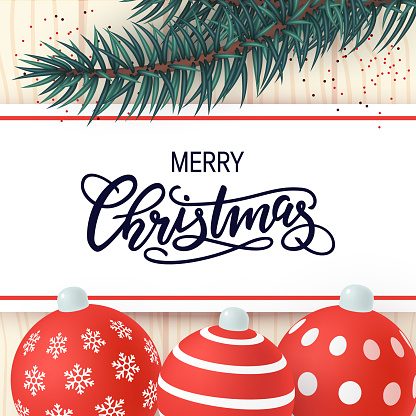 Christmas template for banners, cards or posters in realistic style. Vector illustration with present box, spruce branches and ornaments on a wooden background