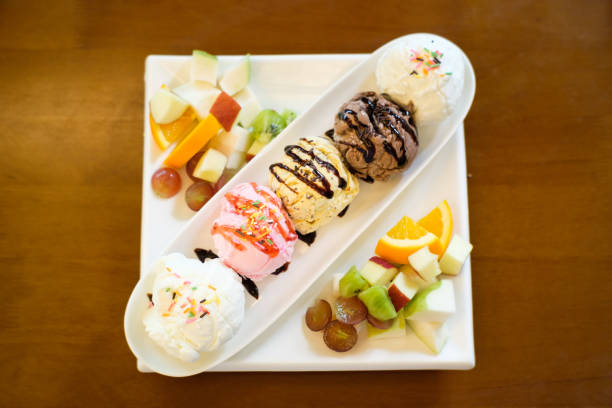 istock Five scoops of ice cream placed in a long plate placed on the table 1168497319