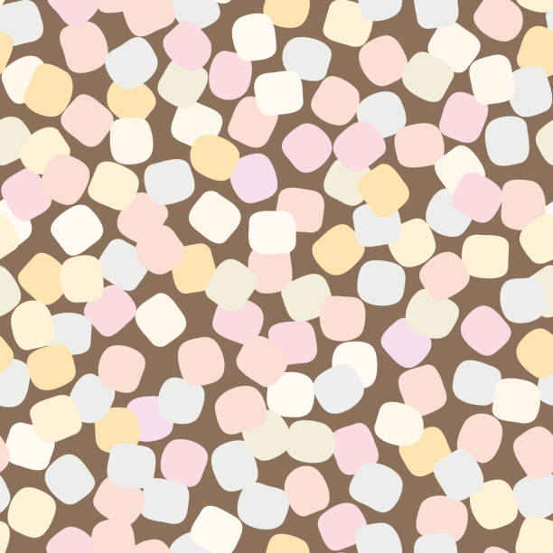 nahtloses vektormuster mit pastellfarbenen marshmallows auf braunem hintergrund verstreut - pattern repetition backgrounds pastel colored stock-grafiken, -clipart, -cartoons und -symbole