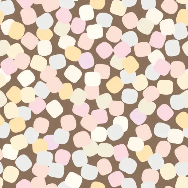 Vector illustration of seamless vector pattern with pastel colored marshmallows scattered on brown background