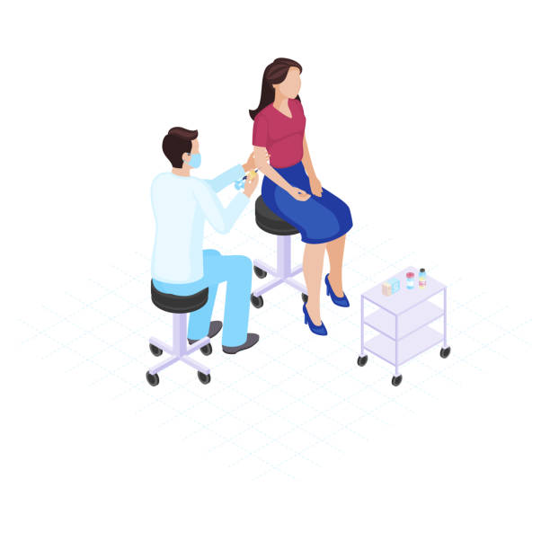 Vaccination illustration Vaccination flat isometric vector illustration. Immunization, inoculation, healthcare. Male doctor giving vaccine shot to female patient. Physician in mask. Medicine and health giving medication stock illustrations
