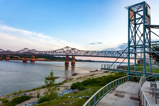 Observation Point at dusk overlooking the Route 84  Mississippi River Crossing at Natchez, MS stock photo