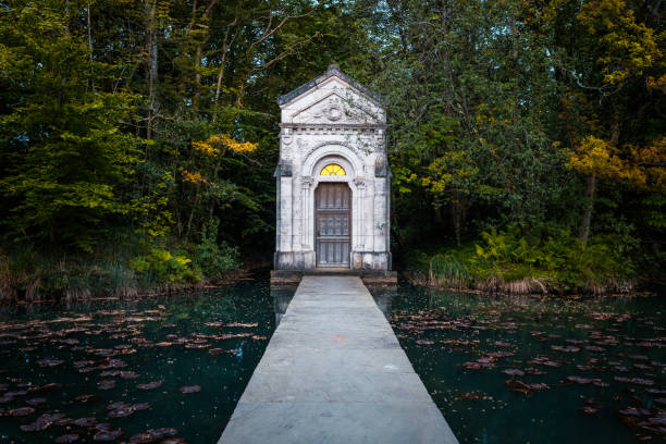 Cliff at Lyons, Celbridge, Kildare, Ireland - 13th May 2019. The private chapel of Tony Ryan, co-founder of Ryan Airways, stands on the lake at Cliff at Lyons hotel in Kildare in Northern Ireland.