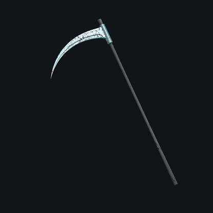 The terrible scythe with dark background, 3d rendering. Computer digital drawing.