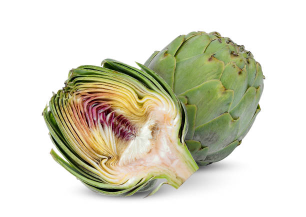 artichoke isolated on white background whole and half artichoke isolated on white background artichoke stock pictures, royalty-free photos & images