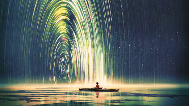 journey to outer space boy rowing a boat in the sea of the starry night with mysterious light, digital art style, illustration painting fantasy landscape stock illustrations