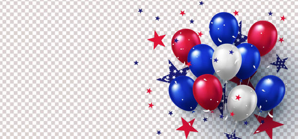 illustrations, cliparts, dessins animés et icônes de fond avec les ballons réalistes festifs avec le ruban dans les couleurs nationales du drapeau américain et avec le modèle d'étoiles d'isolement sur le fond. - blue red white