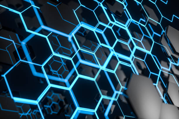 istock Blue hexagon and glowing lines crossed, 3d rendering. 1168510845