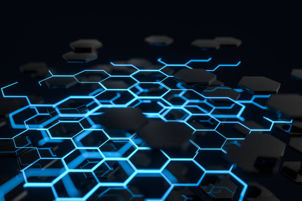 istock Blue hexagon and glowing lines crossed, 3d rendering. 1168510896