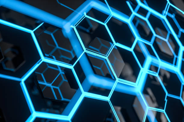 istock Blue hexagon and glowing lines crossed, 3d rendering. 1168510899