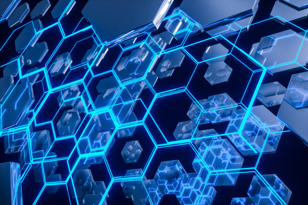istock Blue hexagon and glowing lines crossed, 3d rendering. 1168510901
