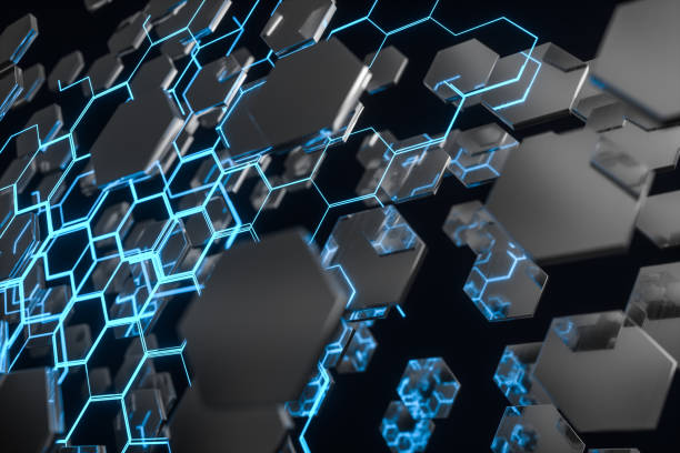 istock Blue hexagon and glowing lines crossed, 3d rendering. 1168510963