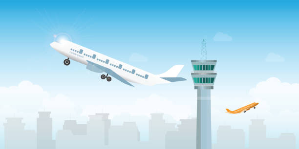 ilustraciones, imágenes clip art, dibujos animados e iconos de stock de avión despegando del aeropuerto con torre de control. - air traffic control tower airport runway air travel