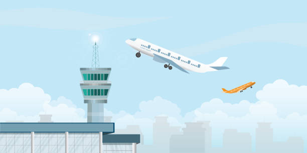 ilustraciones, imágenes clip art, dibujos animados e iconos de stock de torre de control con avión despegando del aeropuerto. - air traffic control tower airport runway air travel