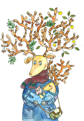 children's illustration with a mother deer and her child, watercolor illustration with deer and big horns