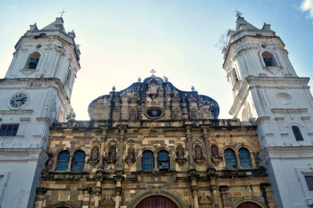 istock Plaza Catedral (Plaza Mayor) located in Casco Viejo Panama. UNESCO World Heritage Site. Approaching the front top of the church in ancient Panama 1168514830