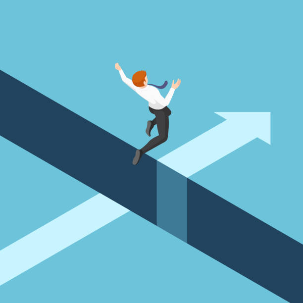 Isometric businessman jumping over the gap between cliffs Flat 3d isometric businessman jumping over the gap between cliffs. Business risk and leadership concept. cliffs stock illustrations